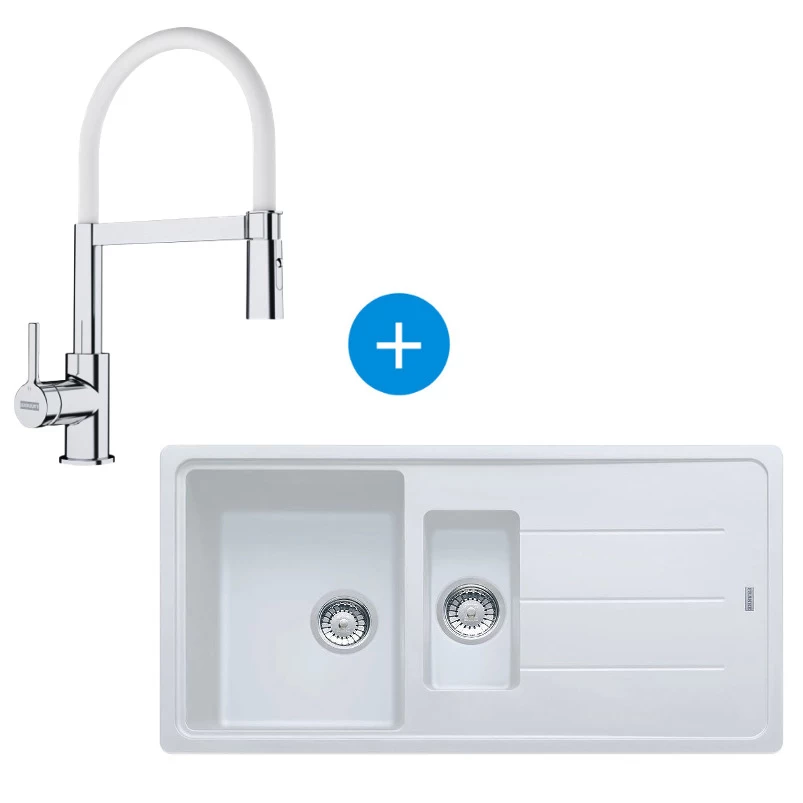 Franke Basis Evier 97x50cm Avec Vide Sauce, égouttoir Réversible, Fragranit + Mitigeur Semi-pro, Douchette Extractible, Chrome/Blanc 3 Franke Basis Evier 97x50cm Avec Vide Sauce, égouttoir Réversible, Fragranit + Mitigeur Semi-pro, Douchette Extractible, Chrome/Blanc