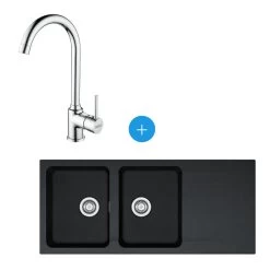 Franke Kit évier Orion OID 621, Double Bac, Carbone + Mitigeur Pola, Col De Cygne, Chrome (114.0276.028-POLA)