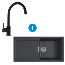 Franke Sirius Evier à Encastrer 100×50cm 1 Bac Avec égouttoir, Tectonite, Onyx + Mitigeur Col De Cygne, Fragranit, Onyx